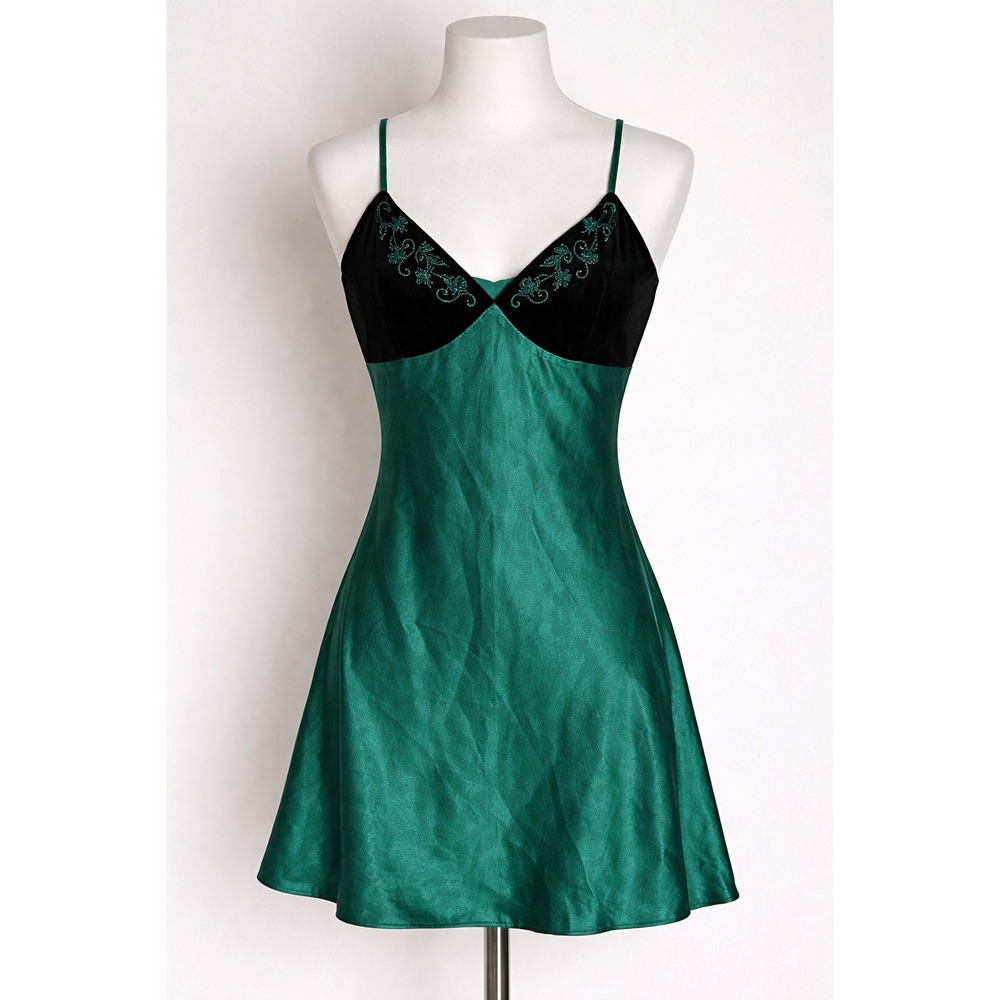 Vtg Women Green Velvet Satin Coquette Dollette Slip Dress M Forest Whimsigoth